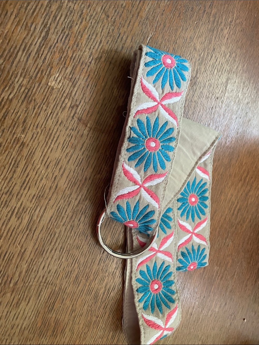POL Beige Embroidered Strap with Teal and Pink Floral Motif